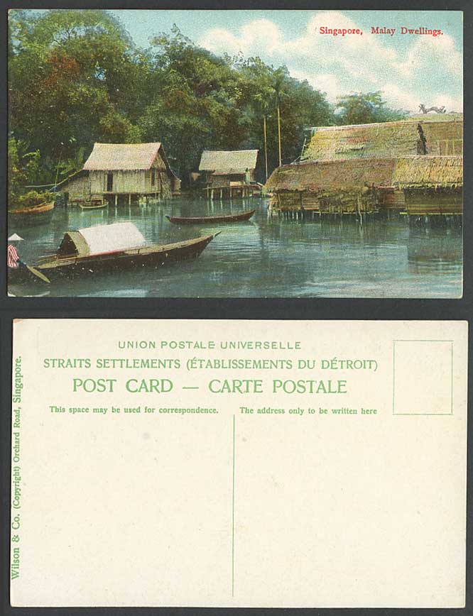 Singapore Old Colour Postcard MALAY DWELLINGS Houses Huts on Stilts Sampan Boats
