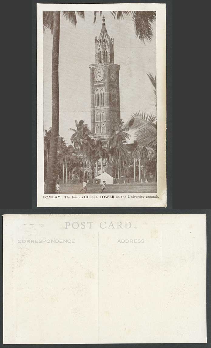 India Old Postcard Bombay Famous Clock Tower on University Grounds, School Palms