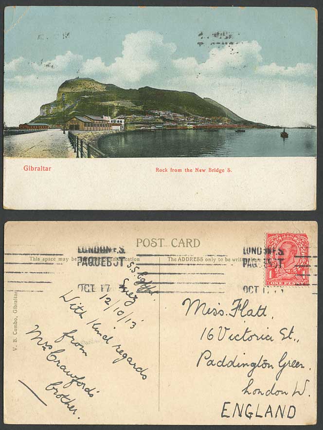 Gibraltar GB KGV 1d 1913 Old Colour Postcard Rock from The New Bridge S Panorama