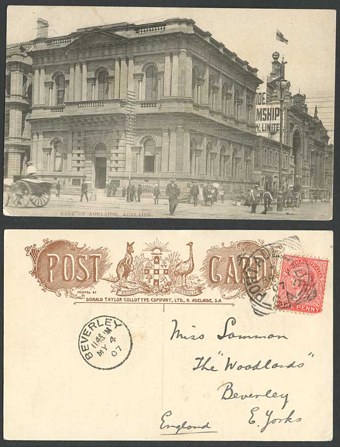 Australia QV 1d 1907 Old Postcard Bank of Adelaide Street Scene Kangaro Emu Bird