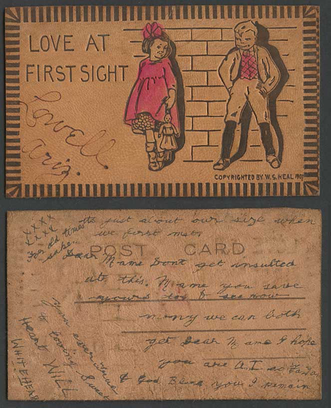 Novelty Made from Real Leather 1907 Old Postcard Love at First Sight Boy Girl UB