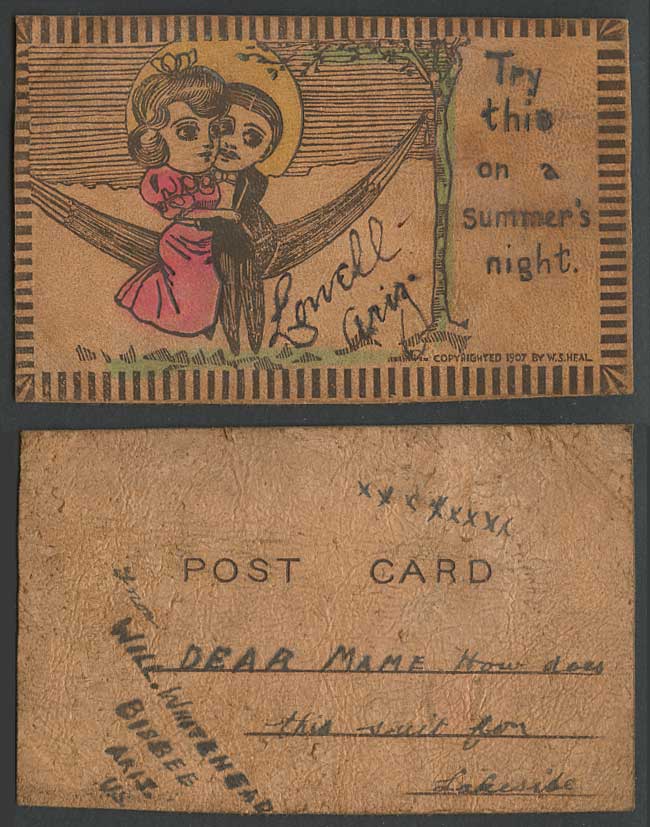 Novelty Made from Leather 1907 Old Postcard Try This on Summer Night Hammock Hug