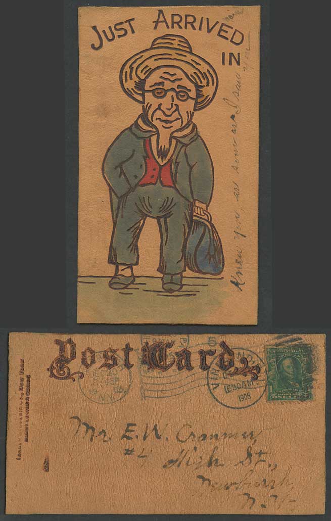 Novelty Made from Real Leather 1905 Old Postcard Man Just Arrived in, Write Away
