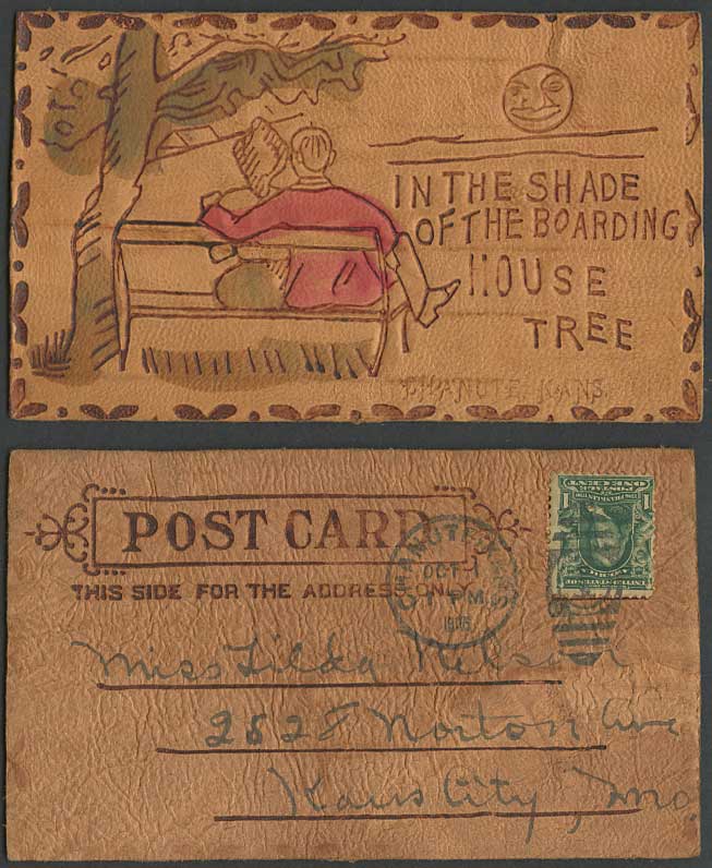 Novelty Leather 1905 Old Postcard In Shade of Boarding House Tree Chanute Kansas