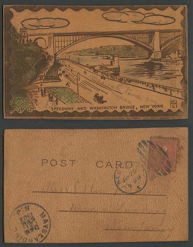 Novelty Made from Leather 1907 Old Postcard Speedway, Washington Bridge New York