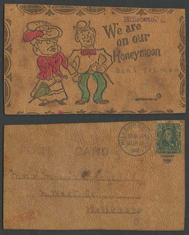 Novelty Made from Leather 1907 Old Postcard We Are On Our Honeymoon Hillsboro US