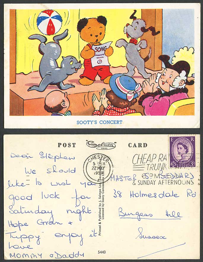 Scooty's Concert 1959 Old Postcard Dog, Teddy Bear, Seal, Cheap Rate Trunk Calls