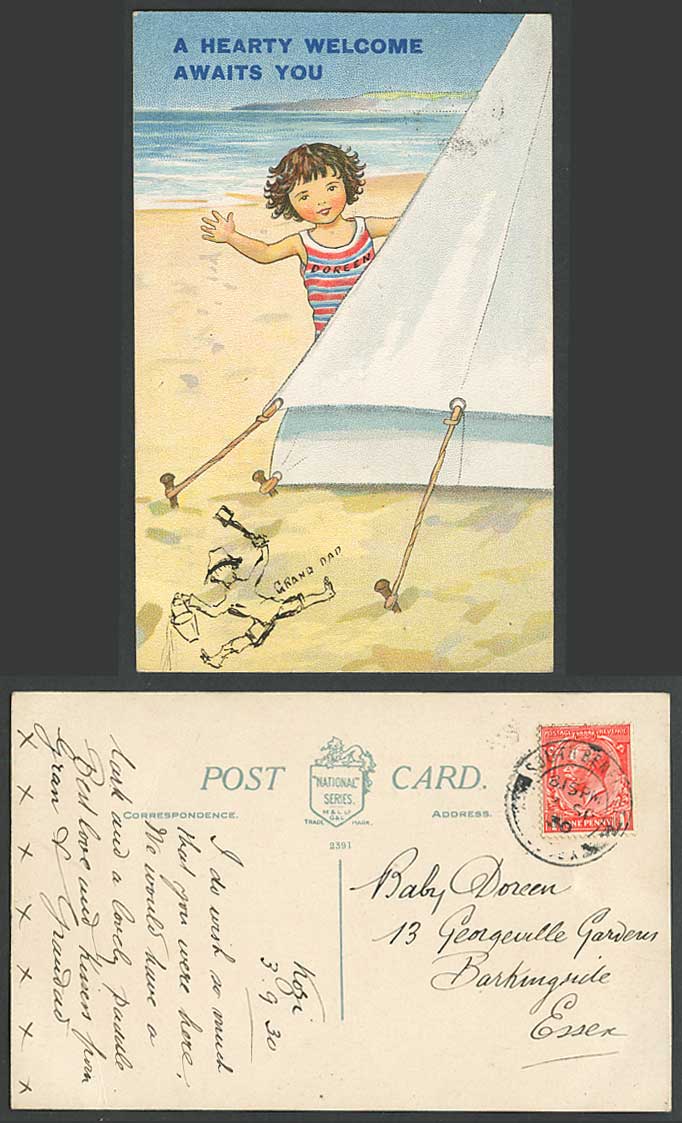 A Hearty Welcome Awaits You Girl Beach, Hand Painted Grand Dad 1930 Old Postcard