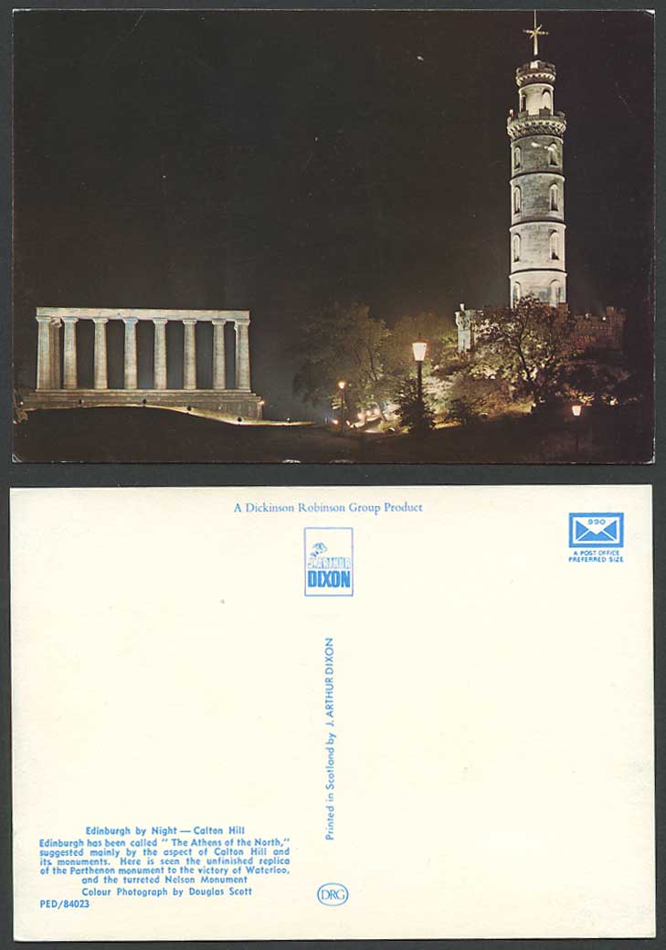 Edinburgh by Night Calton Hill The Athens of the North Nelson Monument Postcard