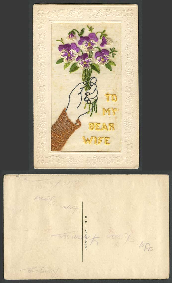 WW1 SILK Embroidered Old French Postcard To My Dear Wife Hand & Bunch of Flowers