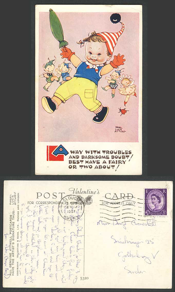 MABEL LUCIE ATTWELL 1957 Old Postcard Fairies Girl Away with Troubles Doubt 5320