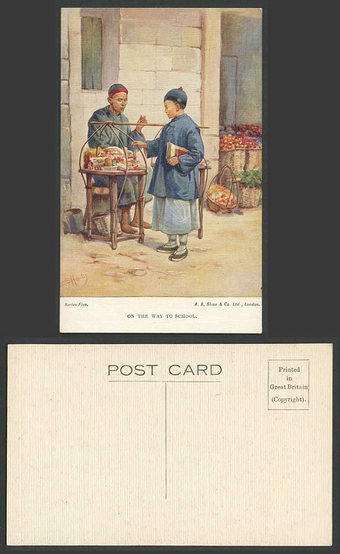 China Old ART Postcard A Chinese Boy On The Way to School Street Roadside Seller