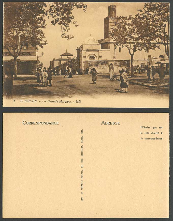 Algeria Old Postcard TLEMCEN La Grande Mosque, Great Mosque Tower & Street Scene