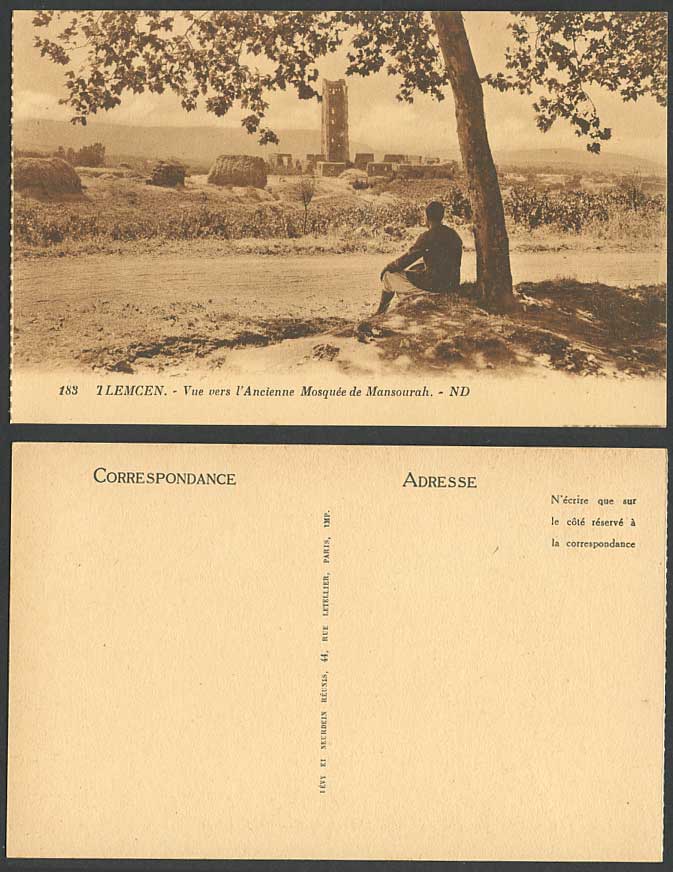 Algeria Old Postcard TLEMCEN Ancienne Mosquee de Mansourah Ruins Mosque Man Tree