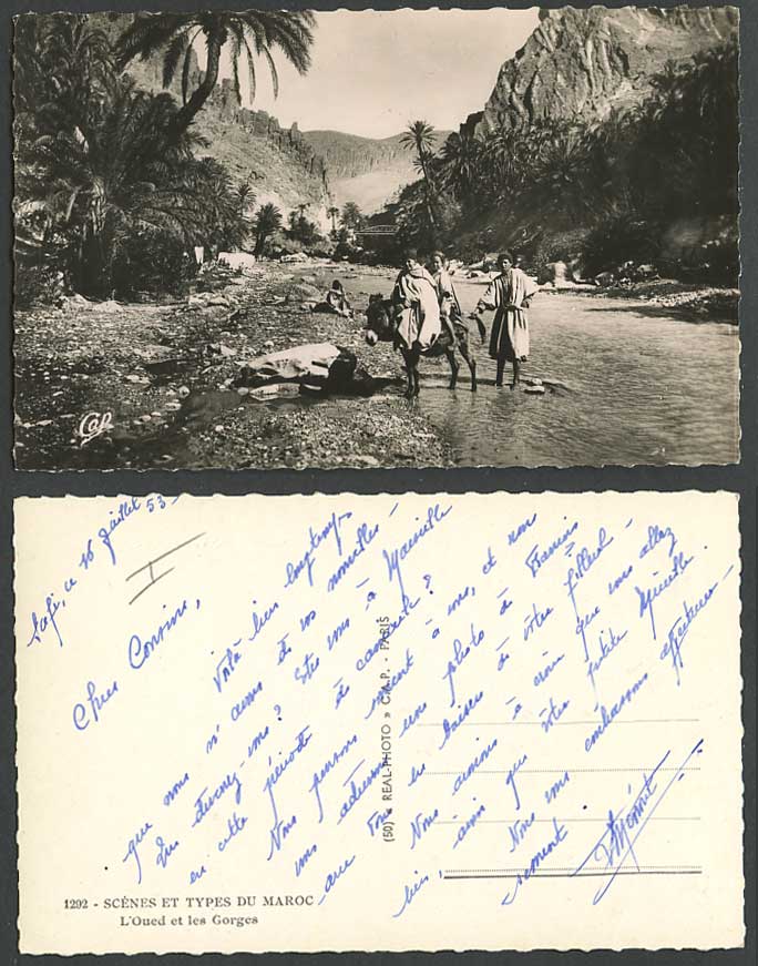 Morocco Old RP Postcard L'Oued et les Gorges Donkey Rider Bridge Scene Palm Tree