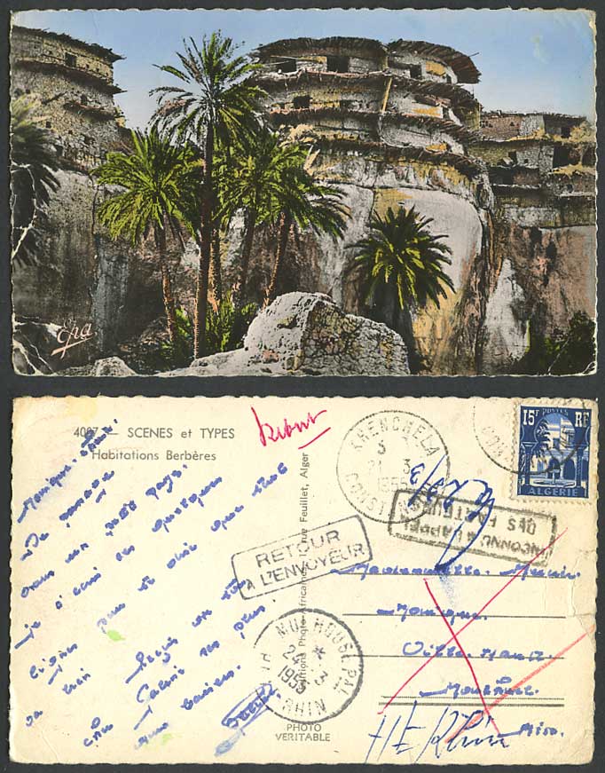Algeria Return to Sender 15f 1955 Old Postcard Habitations Berberes Berber House