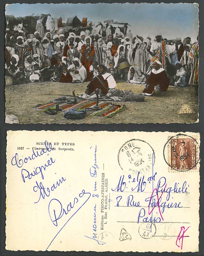 Algeria 12f 1954 Old Postcard Charmeur de Serpents, Native African Snake Charmer