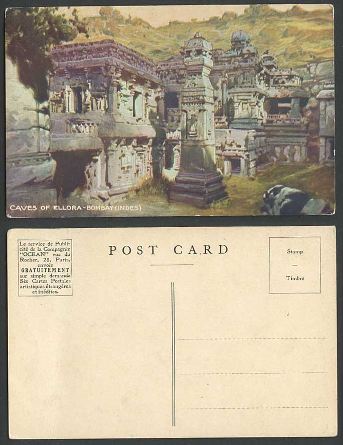 India Old Art Postcard CAVES of ELLORA Bombay Indes Ruins OCEAN Adverts. Company
