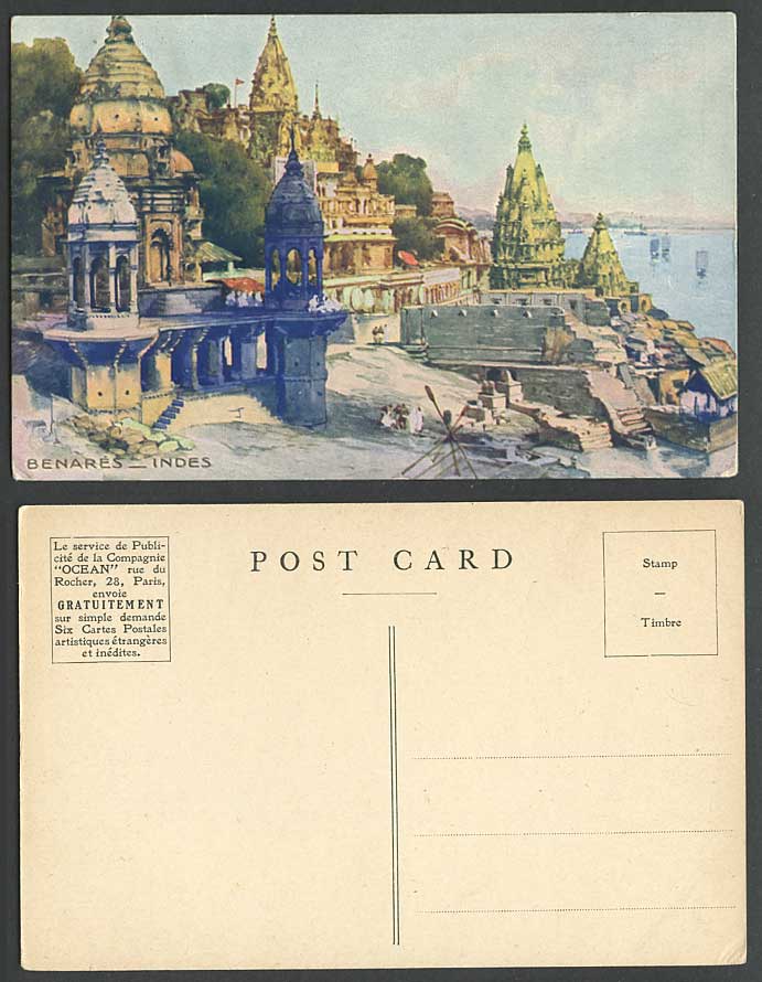 India Old Art Postcard Benares Indes Burning Ghat River Temples OCEAN Advert Co.