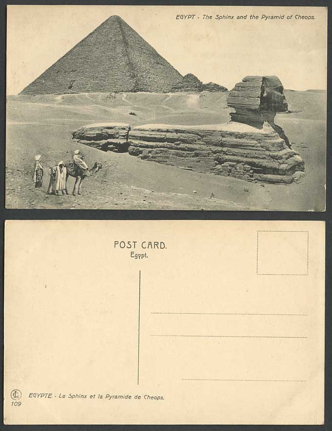 Egypt Old Postcard Cairo SPHINX & PYRAMID of CHEOPS, Camel Rider Desert Pyramide