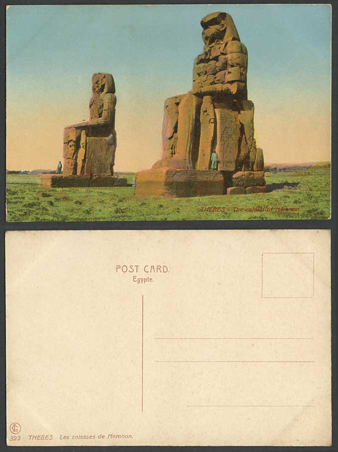 Egypt Old Colour Postcard Thebes Colossi Colosses of Memnon Men Stand on Statues