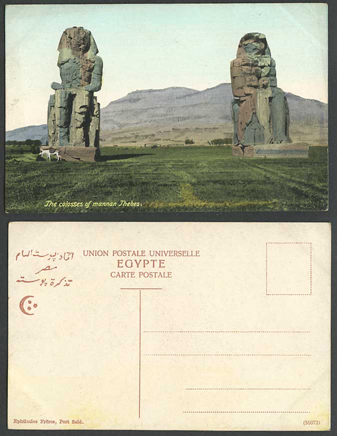 Egypt Old Colour Postcard Thebes Colossi The Colosses of Memnon Statues Mountain