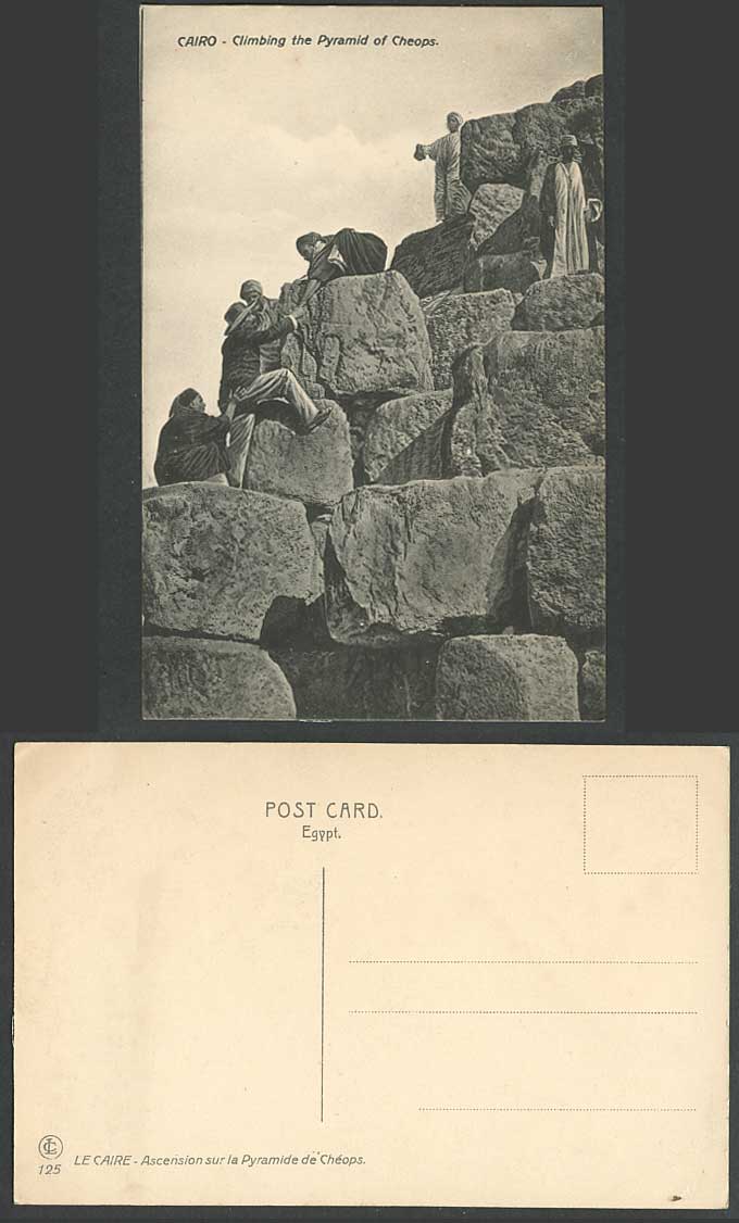 Egypt Old Postcard Climbing Pyramid of Cheops Cairo Le Caire Natives Western Man