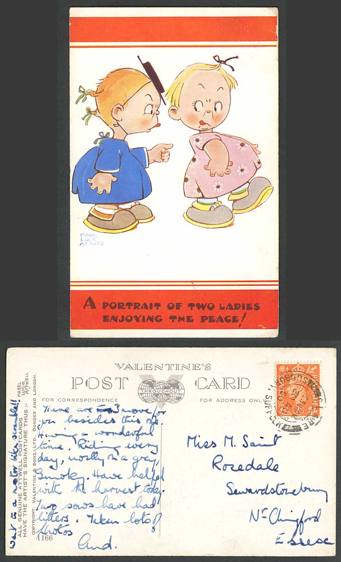MABEL LUCIE ATTWELL 1950 Old Postcard Portrait of 2 Ladies, Enjoy The Peace 1166