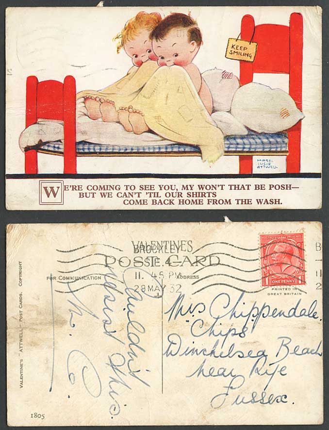MABEL LUCIE ATTWELL 1932 Old Postcard Can't See U Til Shirts Back from Wash 1805