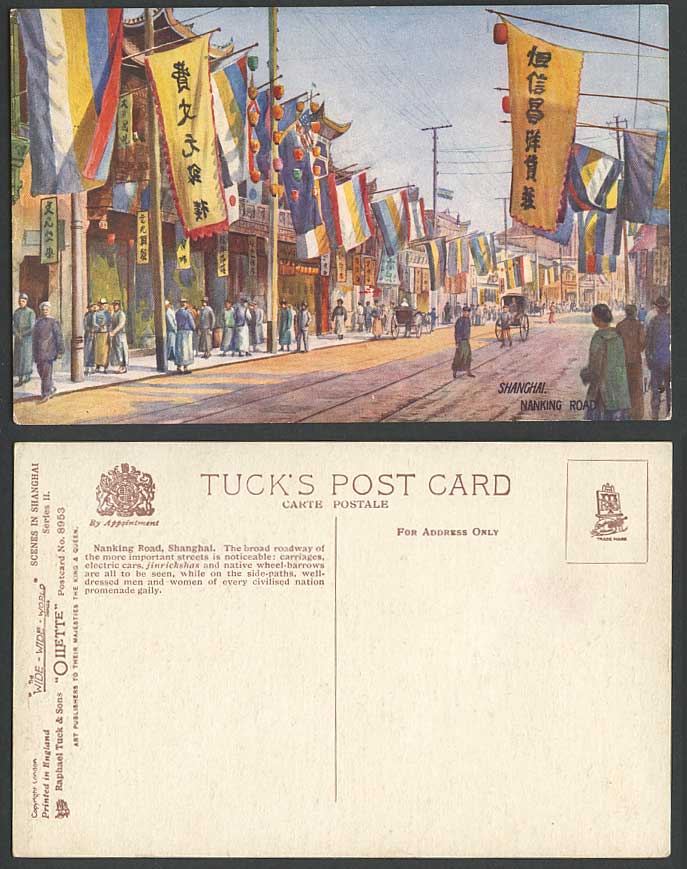 China Old Tuck's Oilette Postcard Nanking Road Shanghai Chinese Street Scene ART