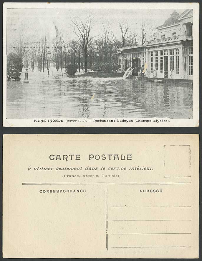 PARIS FLOOD 1910 Old Postcard Restaurant Ledoyen Champs-Elysees & Pumping Water