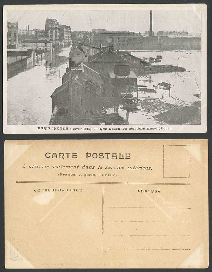 PARIS FLOOD 1910 Old Postcard Lecourbe Jardins Maraichers Gdns Street Restaurant