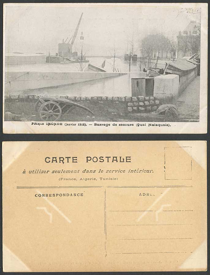 PARIS FLOOD 1910 Old Postcard Barrage de Secours Quai Malaquais Quay Cart Floods