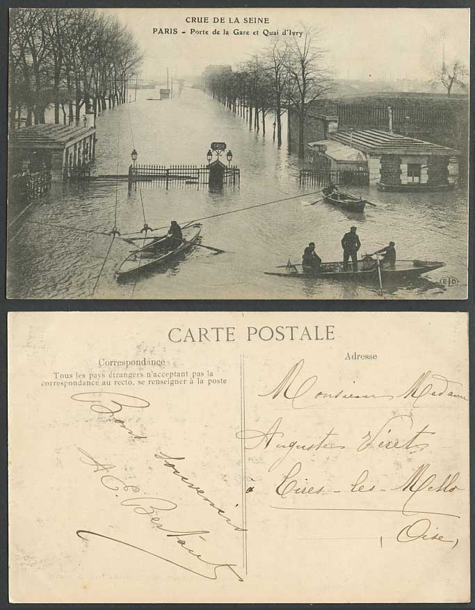 PARIS FLOOD 1910 Old Postcard Porte de la Gare et Quai d'Ivry Station Gate Boats