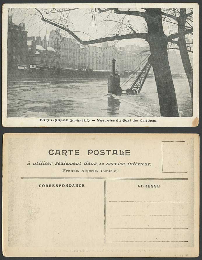 PARIS FLOOD Jan. 1910 Old Postcard Vue prise du Quai des Orfevres, Quay Flooding