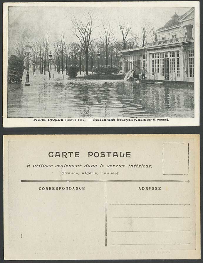 PARIS FLOOD Ja 1910 Old Postcard Restaurant Ledoyen Champs-Elysees Pumping Water