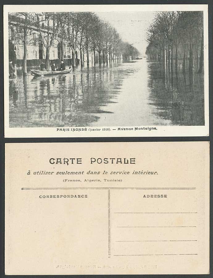 PARIS FLOOD 1910 Old Postcard Avenue Montaigne Boats Canoes Flooded Street Scene