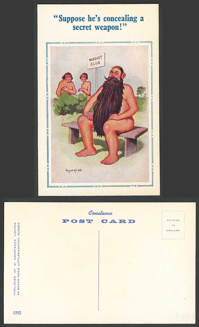 Donald McGill Old Postcard Club Man Concealing a Secret Weapon V Long Beard 1502