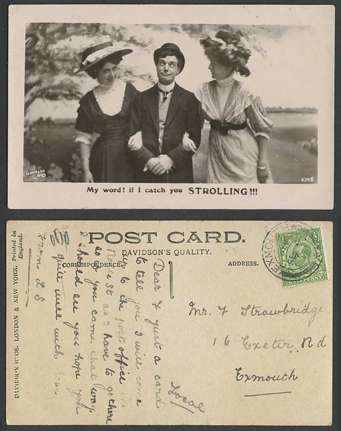 My World! If I catch You Strolling Man Glamour Ladies Women 1913 Old RP Postcard