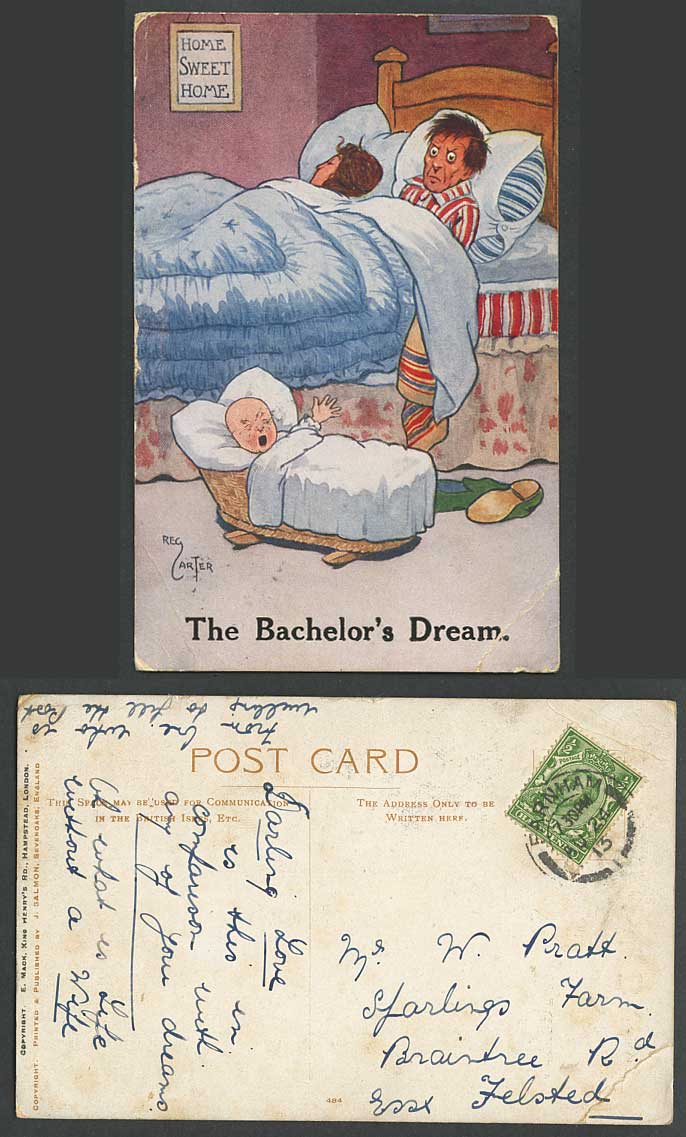 Reg Carter, The Bachelor's Dream, Home Sweet Home, Baby Crying 1913 Old Postcard