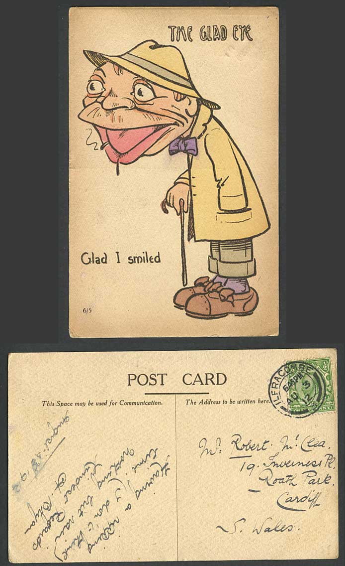 The Glad Eye Glad I Smiled 1912 Old Genuine Hand Painted Postcard Man Walk Stick