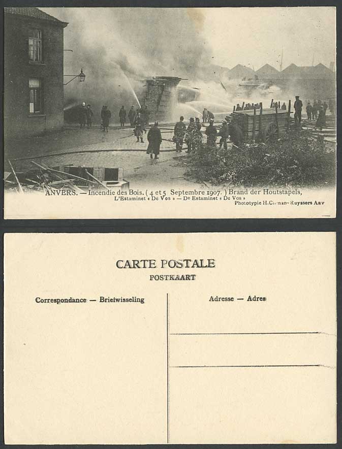Belgium, Anvers, Incendie des Bois De Vos 1907 Old Postcard Firemen Fire Brigade