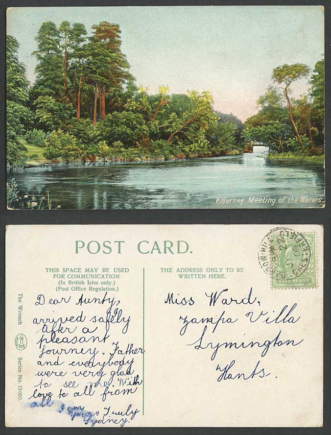 Ireland 1907 Old Colour Postcard Meeting of The Waters Bridge Killarney Co Kerry