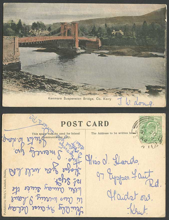 Ireland 1905 Old Colour Postcard Kenmare Suspension Bridge Co. Kerry River Scene