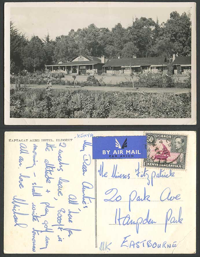 Kenya Tanganyika Uganda KG6 50c 1952 Old RP Postcard Eldoret Kaptacat Arms Hotel