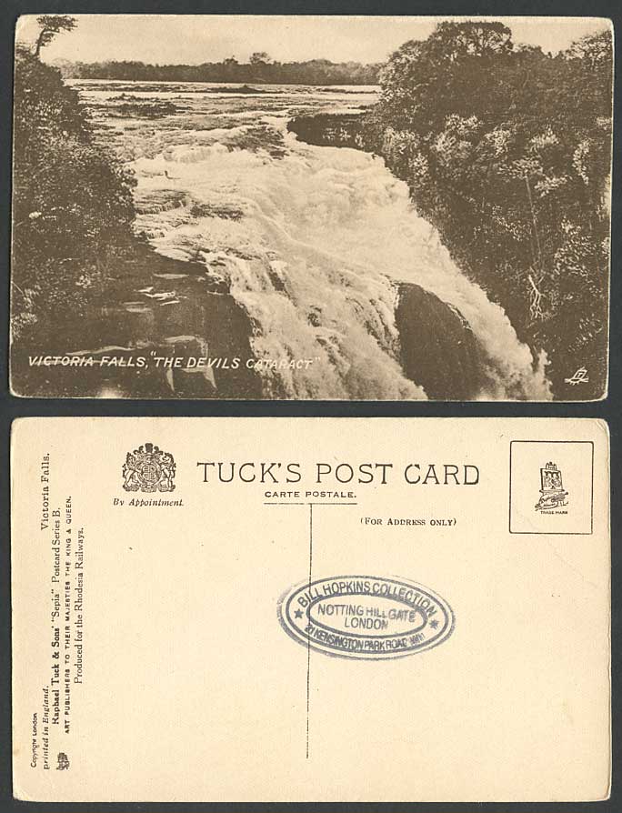 Rhodesia Old Tuck's Sepia Postcard Victoria Falls The Devil's Cataract Waterfall