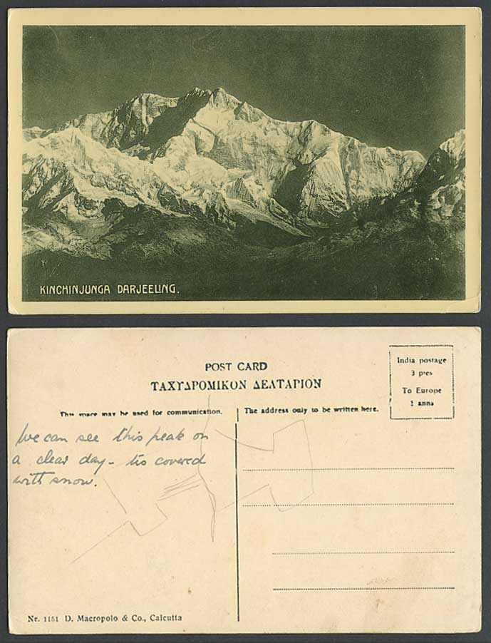 India Old Postcard Kinchinjunga Darjeeling 28,156 feet Mountains Snowy Peak Snow