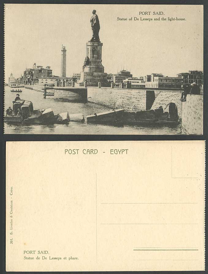 Egypt Old Postcard Port Said Lesseps Statue, Breakwater Lighthouse, Rocks Stones