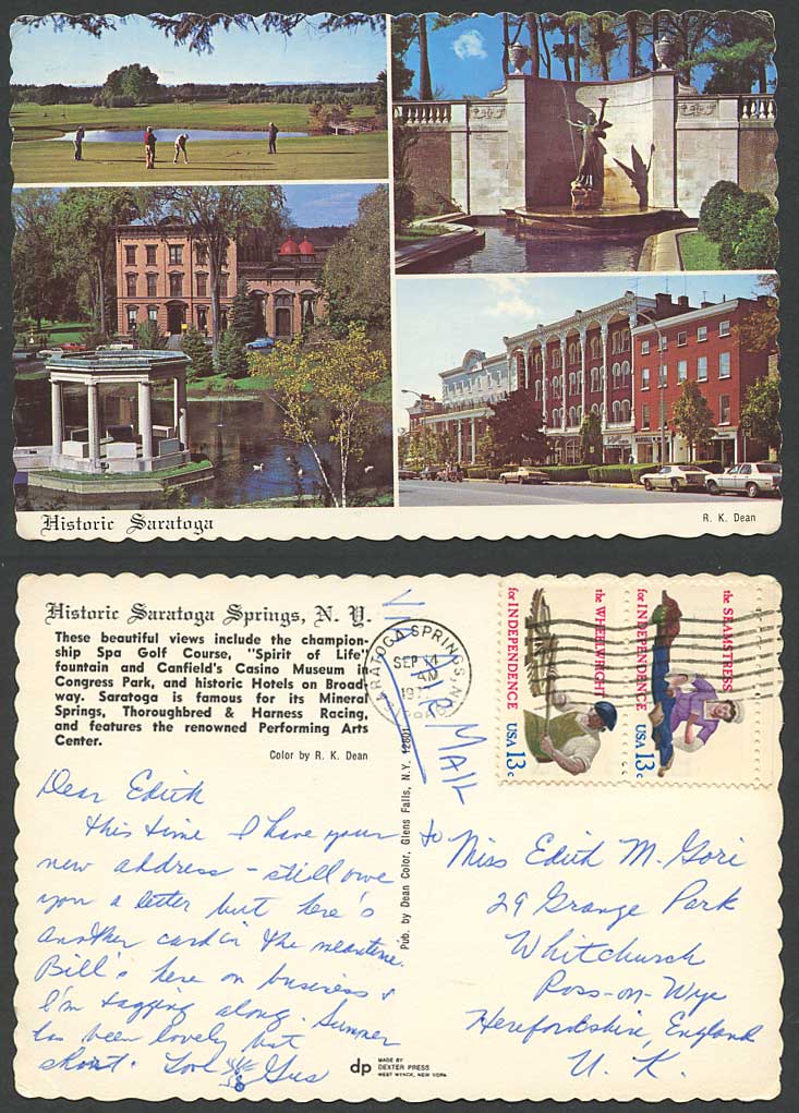 USA 1977 Postcard Saratoga Springs New York Spa Golf Course Fountain Hotels Park
