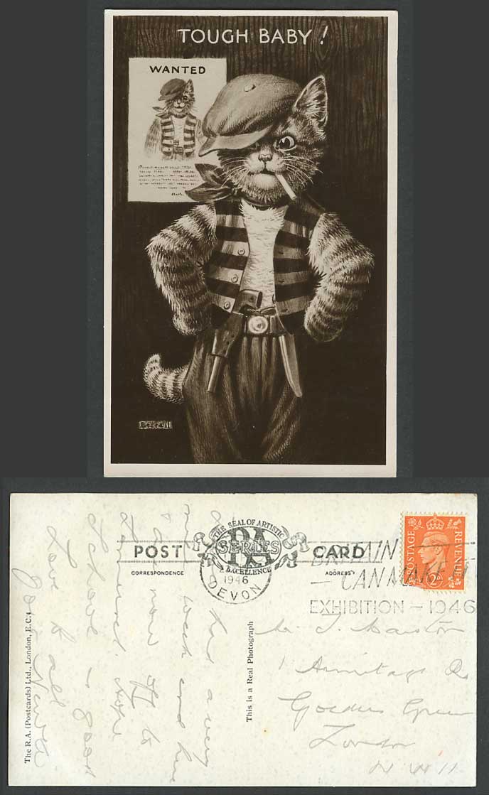 Bestall Dressed Cat Wanted Smoking Tough Baby 1946 Old Postcard Louis Wain Style